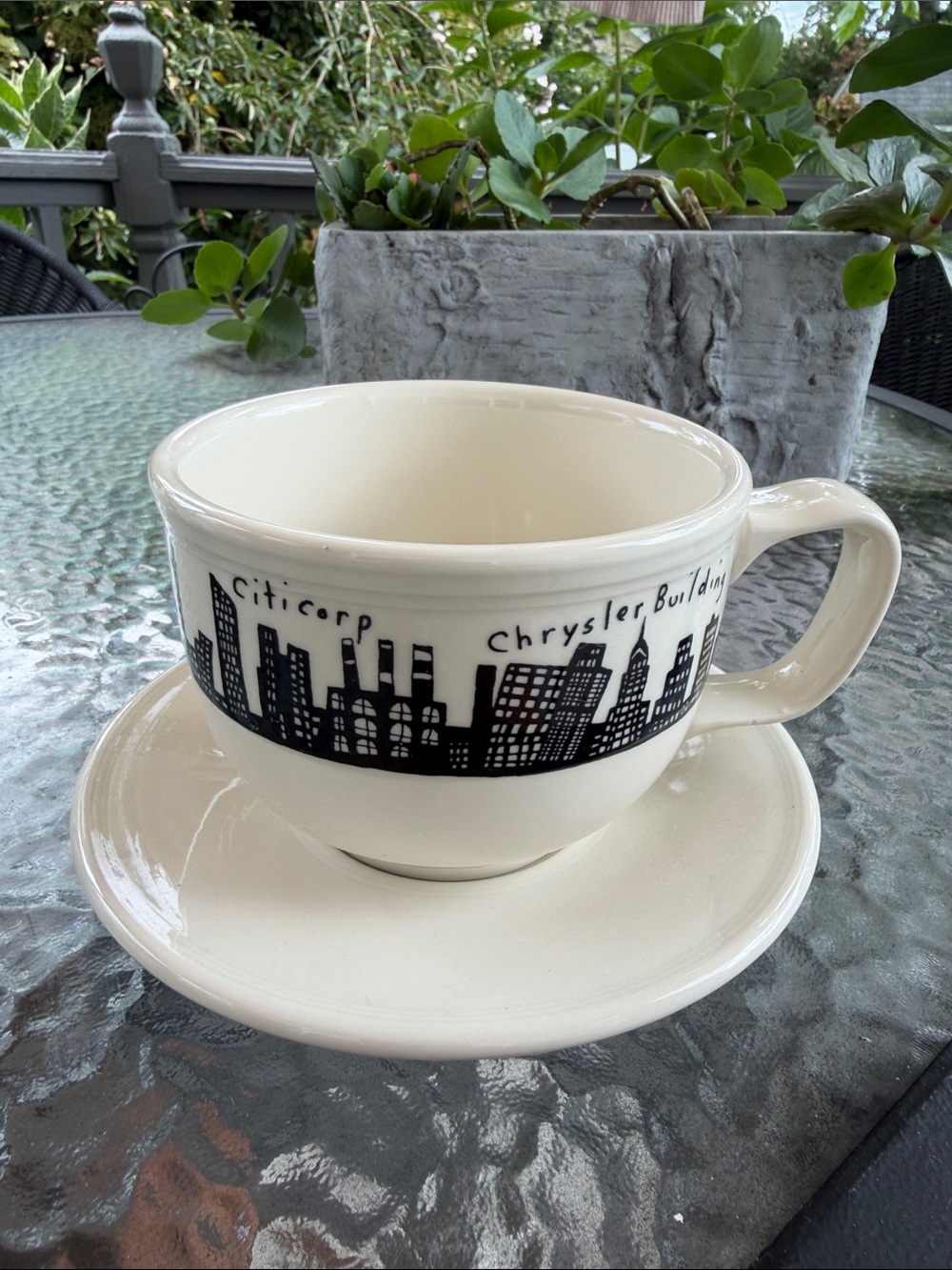 Homer Laughlin Cream Teacup & Saucer with Black City Skyline